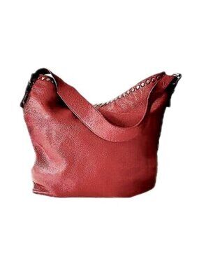 Laggo Reed Hobo Bucket Bag Slouchy Tote Red Pebbled Leather Gunmetal Studs EUC